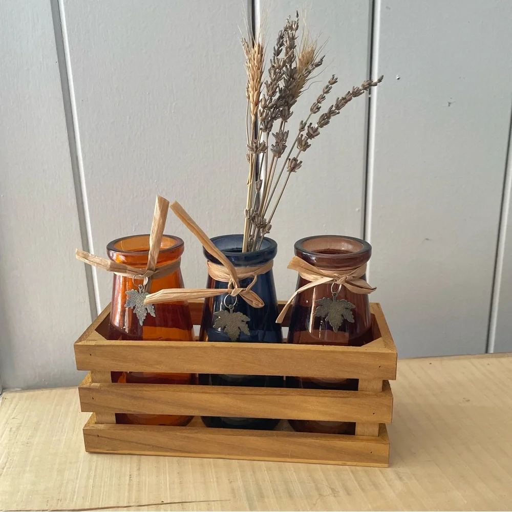 $10 SALE Colorful Glass Flower Vases Wooden Box Home Accent Decor Farmhouse